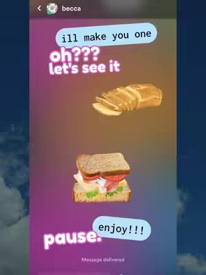 The cover image is a digital art collage featuring a simulated phone screen displaying text messages and images. The background transitions from dark blue at the top to purple and then a lighter shade at the bottom. At the top, there's a profile icon and the name 'becca'. Several speech bubbles float across the screen containing text such as 'ill make you one', 'oh???', 'let's see it', and 'enjoy!!!'. Images of a loaf of sliced bread and a sandwich are placed to illustrate the text. The bottom of the image shows the message 'Message delivered' and button with the text 'pause'.