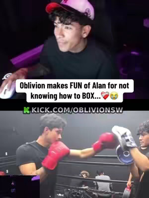 The image is split in two. The top half shows a young man filming on a computer. The text overlay sits above his face and below the video which has the words "Oblivion makes FUN of Alan for not knowing how to BOX…❤️‍🩹😭". The website "KICK.COM/OBLIVIONSW" is displayed under the overlay text. The bottom shows two men boxing wearing red boxing gloves. One is throwing a punch at the other who is standing on the right.