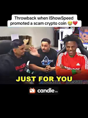 The cover image features three men in a room setting. The main focus is on the man on the right, wearing a red and white Adidas shirt, who appears to be IShowSpeed. He is smiling. In the center, another man in a black shirt with a design is looking towards the man on the left who is wearing a black hoodie. The text overlay says "Throwback when IShowSpeed promoted a scam crypto coin."