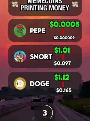 A vertical infographic shows cryptocurrency price predictions. The background transitions from dark to bright colors, suggesting a sunset or sunrise. Lists of Memecoins like Pepe, Snort, and Doge are displayed, each with current and predicted values. The bottom of the image showcases a highway scene, implying a journey or the road ahead for investors.