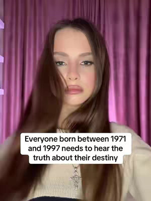 A young woman with long brown hair looks directly at the camera. The background is a blurry pink curtain. A white rectangle is overlaid with text.