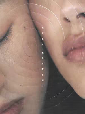The image is a close-up shot featuring two halves of a person's face merged together. The left side is oriented left with only the eye visible. The right side is positioned right, presenting the lips in focus. The backdrop has a soft, neutral tone, with subtle spiral patterns overlaying the faces.