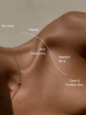 The image shows a close-up of a person's shoulder and neck. A delicate gold necklace with a cross charm is visible. The skin appears smooth and illuminated. Lines and text are overlaid, suggesting a skincare or wellness theme focusing on eliminating plastic and chemicals for clearer skin.
