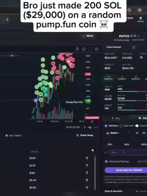The image shows a computer screen displaying a financial trading interface. The top of the image contains white text overlaid:  "Bro just made 200 SOL ($29,000) on a random pump.fun coin" . The rest of the display is filled with charts, graphs, and numerical data, indicative of cryptocurrency trading activity.