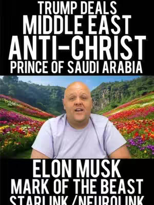 The image features a man in a lavender shirt against a backdrop of colorful meadow flowers and a lush green hillside. The upper portion of the image has a black band with white text, proclaiming sensationalist claims.