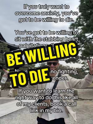 The cover image shows a man in sunglasses standing in a park-like setting, with text overlays. The text includes phrases like 'BE WILLING TO DIE' in large letters and smaller paragraphs discussing anxiety and recovery. The man has a water bottle or similar item in his hand and is gesturing with his other hand. The overall composition is a mix of text and a real-life photo of the creator.