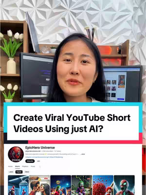 The cover image shows a woman smiling at the camera, against a backdrop of a modern room. Below her is a text overlay stating, "Create Viral YouTube Short Videos Using just AI?" Beneath that is a screenshot of a YouTube channel page with images of various videos. The layout is designed to attract attention and promote the video's content through the attractive presenter and question that hints at the use of artificial intelligence.