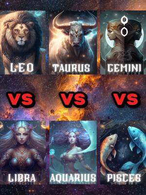 A grid of six images, each featuring a watercolor-styled depiction of a zodiac sign. The top row includes, from left to right, a lion representing Leo, a bull representing Taurus, and a pair of Gemini figures. The images are separated by the word "VS" in a red, bold font. The bottom row shows, from left to right, a woman representing Libra, a woman representing Aquarius, and two fish illustrating Pisces. The background is a cosmic blend of purples, yellows, and orange, suggesting a starry night or nebulae.