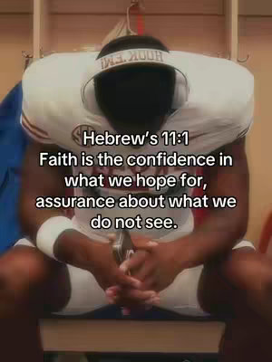 The image features a football player in a locker room setting, with a bible verse overlayed. The color palette is predominantly dark with shades of brown and tan. The player is wearing a white jersey, and his face is partially obscured as he looks down with his hands clasped. The text overlay is in white, centered on the image.
