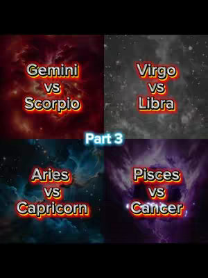 The cover image is a grid of four panels, each featuring a cosmic background with text overlayed. The top left panel shows a red nebula background with the text "Gemini vs Scorpio." and the top right panel has a gray background and reads "Virgo vs Libra." The lower left panel has a blue and teal background and reads "Aries vs Capricorn.", and the lower right panel shows a purple cloud and text that reads "Pisces vs Cancer.". In the center of the image the text "Part 3" is overlaid in a neon blue color.
