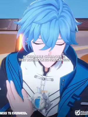 A character from an anime game is the focus, with blue hair and closed eyes. Below his face, there's overlaid text in a cursive font that says, 'A TWIN MALE CHARACTER?! THEY BOTH LOOK SO FINE OMG!?!'. At the bottom, there's text that says, 'VESS TO EVERNESS' and a logo for the series.