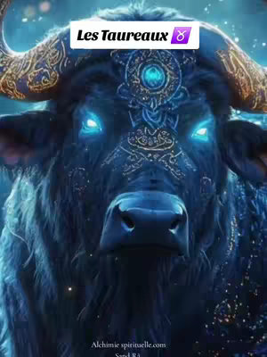 A close-up image of a digital artwork depicting a bull with glowing blue eyes. The bull is dark blue with intricate patterns of gold and blue designs across its face, implying a celestial or mystical theme. Above the bull's head is a white banner with the text "Les Taureaux" above the Taurus sign. The overall composition is dark and dramatic with a focus on fantastical and astrological themes.