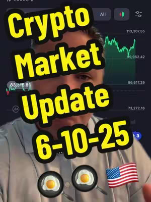 A man is centered in the image, the top half of his body visible. Overlayed on the image is large, yellow text. Behind him is a chart showing a green and white line graph. Two emoji of fried eggs and a flag of the United States are in the bottom right corner.