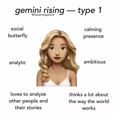 An emoji of a woman with blonde hair, wearing a white top and gold jewelry, is in the center of the image. The words 'social butterfly', 'analytic', 'calming presence', and 'ambitious' are positioned around the emoji. The phrases 'loves to analyze other people and their stories' and 'thinks a lot about the way the world works' are placed below the emoji.