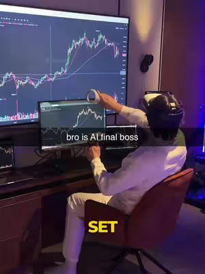 The image shows a man wearing a VR headset and other equipment, sitting in a chair with computer screens displaying financial charts in the background. Overlaid text reads bro is AI final boss.