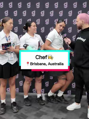 The cover image shows a street interview setup with a man on the right interviewing three women in chef uniforms on a stage with a repeating 'g' logo background. A text overlay indicates the topic: "Chef" and the location "Brisbane, Australia."