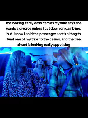 The image is a screenshot from inside a car, with four people in the frame. The car interior is dark blue. The person in the passenger seat on the left is a blonde woman wearing a leopard-print shirt. Next to her is a woman looking up. Behind them, in the middle, is a bald man with a white shirt and tie. On the right, a man wearing a plaid shirt turns to the right, as if reacting to the conversation in the front.