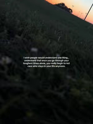 An image taken at dusk or dawn, with a field of tall grass in the foreground. The sky is a gradient of orange and purple. A text overlay in a simple white font is added to the image.