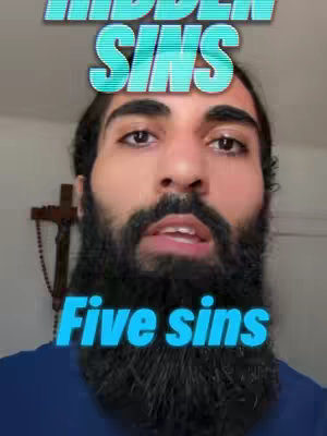 The cover image is a selfie-style shot featuring a man with a full beard, positioned in the center, facing the camera. Above his head, the text overlay reads "HIDDEN SINS" in a stylized, retro font with a blue and white color scheme, suggesting a digital effect. Below the text "Five sins" is overlayed in the same style and positioned on the lower portion of the image. The background appears to be a neutral indoor space; a portion of a cross is visible to his left. The overall composition is simple, directing focus on the man's face and the text.