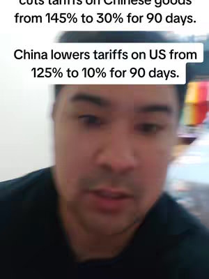 A man with a neutral expression is centered in the frame. Above him, a white rectangular box contains text about changes in tariffs between the US and China.