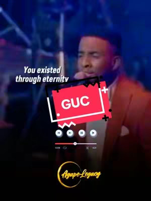 The cover image displays a man singing in a brightly lit setting. Text overlays include his name, 'GUC,' and a quote. The video player controls and a logo for 'Agape Legacy' are also visible, set against a blurred, colorful background.