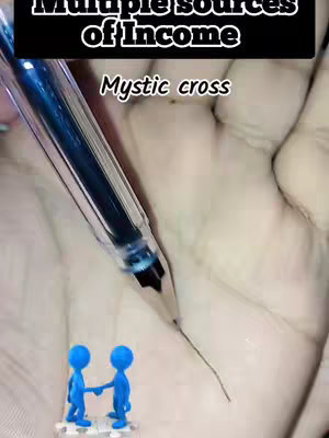 The image shows a close-up of a hand with a pen drawing a line on the palm. Overlayed text indicates the topic relates to income and the 'Mystic cross' in palmistry. A small graphic of two blue cartoon figures shaking hands is also present.
