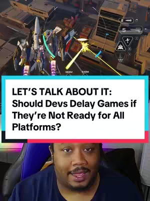 The cover image is a vertical screen recording. At the top, there's a view from a video game's perspective, featuring a mecha robot in combat with cityscape surroundings. Below, the screen contains the title text over a colorful translucent rectangle: "LET'S TALK ABOUT IT: Should Devs Delay Games if They're Not Ready for All Platforms?" At the bottom is the creator, a Black male wearing a dark shirt, with a friendly expression.
