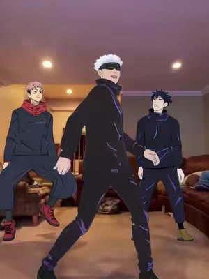 The image is a medium shot capturing three cartoon-style characters seemingly dancing in a living room. The central figure, styled with white hair and a blindfold, is in mid-step, clad in a black, form-fitting outfit featuring purple accents. To their left, a character with pink hair and a red hoodie mirrors a similar dance pose. On the right, another figure, wearing dark attire, imitates the dance. The room's backdrop includes a beige wall, a brown couch, and recessed ceiling lights, emphasizing the domestic setting. The overall feel suggests a playful and energetic vibe.