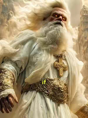 An AI-generated image depicts an older, bearded man with long, flowing white hair and a matching beard. He wears a detailed, white and gold adorned robe. A large, ornate jeweled cross pendant hangs from his neck. The background suggests a grand, ethereal setting with a hint of mountains.