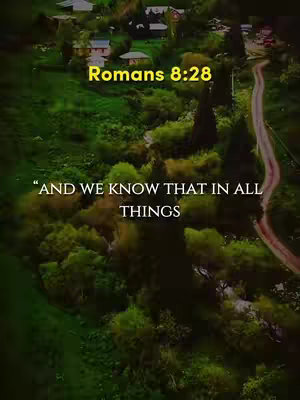 An aerial view of a hilly landscape covered in lush green vegetation, with a winding road cutting through the landscape. Text overlays in white and yellow, reading a Bible verse.