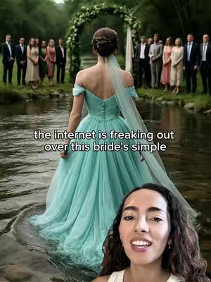 A cover image featuring a bride in a turquoise gown standing in a stream, facing away from the camera. A woman is visible in the foreground. The bride is standing in the middle of the image, with a floral arch behind her, and wedding guests in the background. The woman in the foreground is facing the camera. The overall composition is an elegant and slightly ethereal aesthetic with soft lighting.