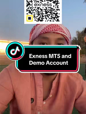 A selfie-style cover image features a man in the foreground with a sky background. The man is wearing a pink shirt and a patterned headscarf, and the text overlay on top indicates the video's topic: 'Exness MT5 and Demo Account'. The Exness logo, along with a QR code, is visible at the top.