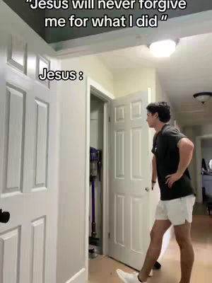 A man is standing in a doorway, facing away from the camera. The text overlays on the top indicate a funny religious meme about forgiveness. The image has a moderately lit room with some home appliances in the background.
