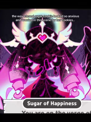The image shows the character Eternal Sugar Cookie from Cookie Run in an animated style. She is presented in a medium shot from the chest up. The background is a complex, multi-layered image featuring a gradient of purple and pink hues. The character has fair skin, large eyes, and a concerned expression. She is adorned with a crown with a heart and angel wings. Text overlay on the image conveys information.