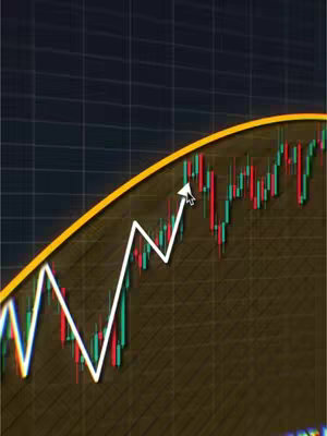 The image shows a stock chart with ascending green and red bars against a dark, grid-like background. A white upward-pointing arrow cuts across the chart, indicating a positive trend. A yellow curve tops the chart near the top of the image.