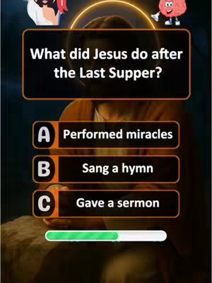 The image is a quiz-style graphic, focusing on a religious question. The background is a blurred, warm-toned image of a religious figure. A rectangular black box houses the main question, with three answer choices below, each in its own rectangular box with a contrasting border color. A progress bar spans the bottom.