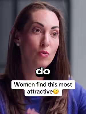 A close-up shot of a woman with long brown hair, gazing directly at the camera and speaking. Text overlays 'do' and 'Women find this most attractive' with a thinking face emoji are placed in the image.