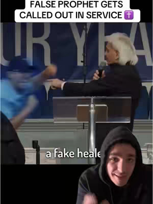 The cover image shows a split screen. The top half has a blurry background with a man on a stage speaking into a microphone. Below him, a man in a blue shirt is reaching out towards another man. The bottom half showcases a person wearing a black hoodie, looking at the camera, with the text 'a fake healer' overlaid on the image.