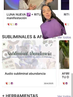 A woman in a purple sweater looks at the camera, with sections from a phone screen in the background. Phone screen is displaying graphics and text which appear to be from the content.