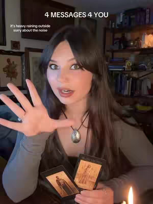 The cover image shows a woman holding her hand out towards the viewer, with her other hand holding two tarot cards. Above her head is a text overlay that reads "4 MESSAGES 4 YOU." The woman has long, dark hair and is wearing a gray top. The background appears to be a room with a bookshelf and some framed pictures. The overall composition is warm and inviting.