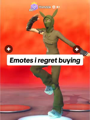 A Fortnite character in a green outfit and bunny mask is dancing on a platform. The background is a red gradient. A white rectangle at the bottom of the image contains text.
