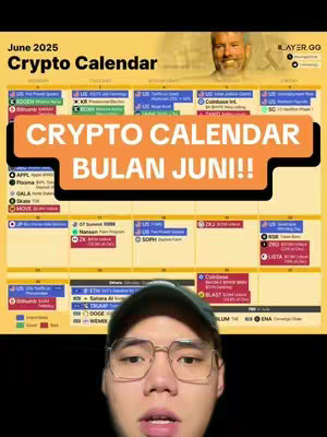 The cover image is a screen recording with a calendar overlaid on the top half, and the creator in glasses, cap, and a neutral pose in the lower half. The calendar is a grid layout, marking crypto events with dates. Text overlays prominently state 'CRYPTO CALENDAR BULAN JUNI!!'.