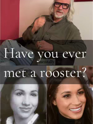 The image is a split-screen composition. The top portion shows a man seated and gesturing. Below are side-by-side photographs of Meghan Markle, one in black and white and the other in color. Overlayed text reads, 'Have you ever met a rooster?'