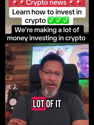 A man wearing glasses and a gray shirt sits in front of a computer screen. On top of the image are text boxes with information about investing in crypto. Below him, the text "LOT OF IT" is written in a red box.