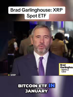 A video still featuring Brad Garlinghouse, the CEO of Ripple, speaking in a news-style setting. He is wearing a dark suit with a purple tie. Above him is a white text overlay that reads "Brad Garlinghouse: XRP Spot ETF." Below is the caption "BITCOIN ETF IN JANUARY," displayed against a gradient background.
