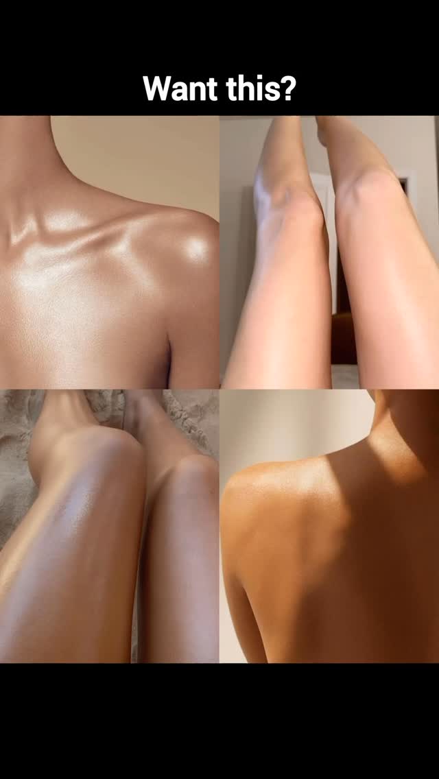 The image is a collage of four sections showcasing different parts of a woman's body, all with a radiant, glowing effect. The top left shows a shoulder and angled neck, the top right shows legs from the knees down, the bottom left shows legs and feet, and the bottom right shows a back and shoulder. All the sections have an oily sheen effect. The text overlay "Want this?" appears at the top. The overall impression is of beauty and body care.