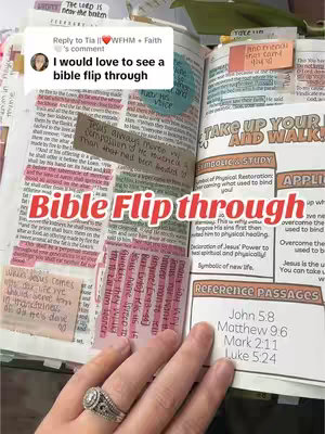 A hand holds open a Bible, with colorful notes and highlighted passages. The text overlay reads 'Bible Flip through'. The focus is on the book's pages and the hand.