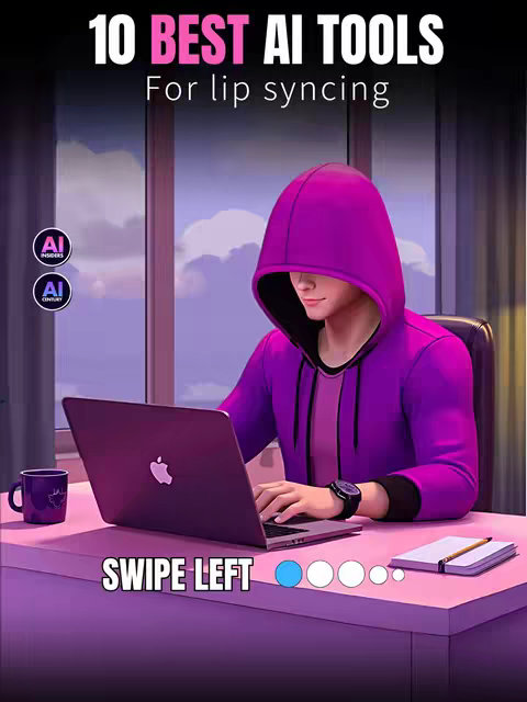 An illustration shows a person in a purple hoodie sitting at a desk with a laptop featuring an Apple logo. Text overlays at the top reads: "10 BEST AI TOOLS For lip syncing". Below this, the words SWIPE LEFT are written on top of progress circles.