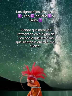 The image shows a screenshot with a dark, starry background. The top section features text in white and purple, outlining fixed zodiac signs: Scorpio, Leo, Aquarius, and Taurus. Beneath this, additional white text discusses how those signs will feel the effects of retrograde Mercury in Leo most strongly. The foreground shows a Muppet-like character with a surprised expression.