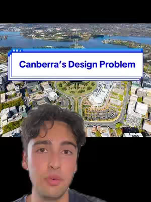 The cover image features a man in the foreground and a city landscape in the background. A text overlay states "Canberra's Design Problem" along the skyline. The man has short, dark hair and a neutral expression, gazing upward. The background features a body of water in the center, buildings, roads with a circular design and foliage.